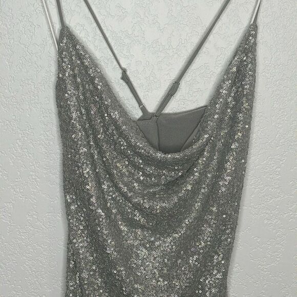 NWT Susana Monaco Sequin Cowl Neck Mini Dress Silver Large - Picture 4 of 13